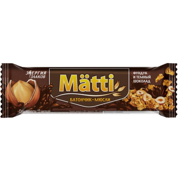 Батончик мюсли Matti фундук и темный шоколад (6 штук по 24 г)
