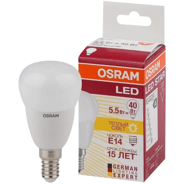 Лампа светодиодная Osram 5.5 Вт Е14 (Р, 3000 К, 470 Лм, 220 В,  4052899971615)
