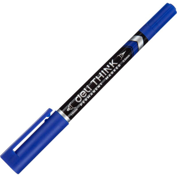 Маркер перманентный двусторонний Deli Think синий (толщина линии 0.5-1  мм) круглый наконечник