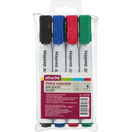 Набор маркеров для досок Attache Accent 4 цвета (скошенный наконечник, толщина линии 1-5 мм)