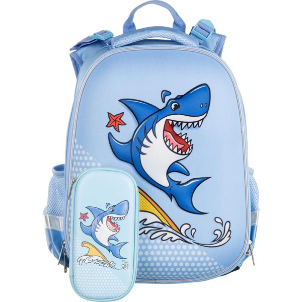Ранец Комус Класс (№1 School) 3D Funny shark голубой с двумя отделениями