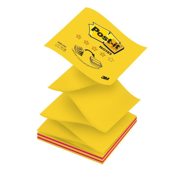 Стикеры Z-сложения Post-it 76х76 мм неоновые 2 цвета желтые/розовые для диспенсера (2 блока по 50 листов)