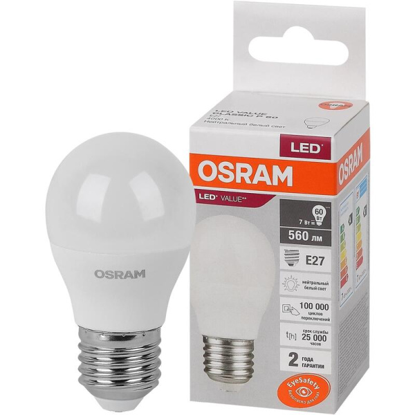 Лампа светодиодная Osram 7 Вт Е27 (Р, 4000 К, 560 Лм, 220 В,  4058075579835)