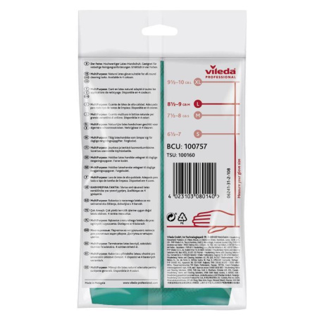 Перчатки латексные Vileda Professional Многоцелевые повышенная прочность зеленые (размер 8.5-9, L, артикул производителя 100757)