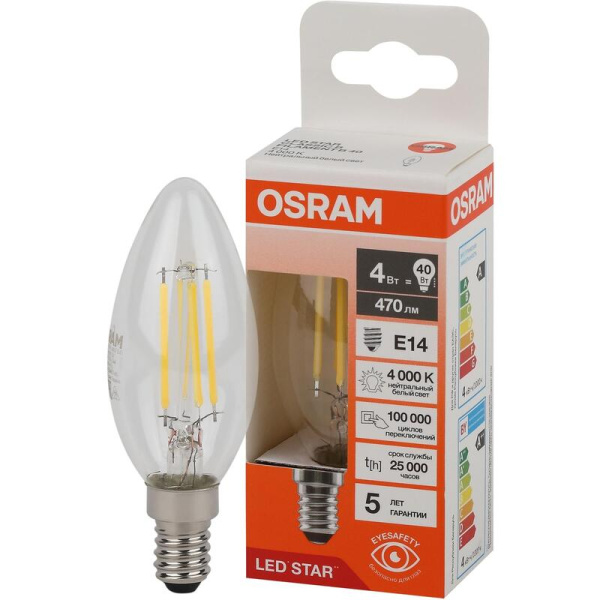 Лампа светодиодная Osram 4 Вт Е14 (B, 4000 К, 470 Лм, 220 В,  4058075684157)