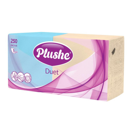 Салфетки бумажные Plushe Duet 24х24 см в ассортименте 1-слойные 250 штук  в упаковке