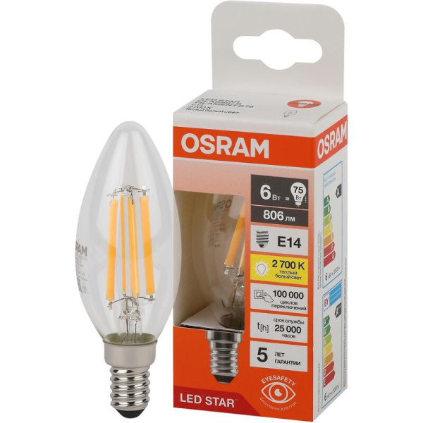 Лампа светодиодная Osram 6 Вт E14 (В, 2700 К, 806 Лм, 220 В,  4058075684812)