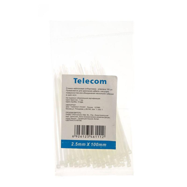 Стяжка Telecom 100x2.5 мм белая 100 штук в упаковке (TIE2.5X100MM-W)
