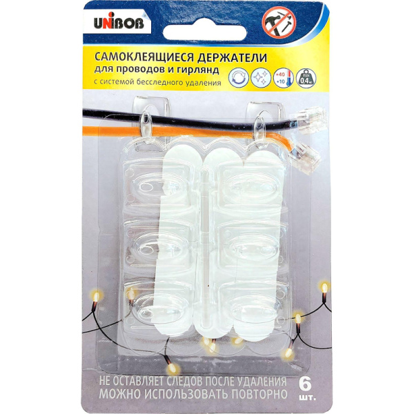 Держатель для проводов и гирлянд Unibob самоклеящийся прозрачный до 0.4  кг (6 штук)