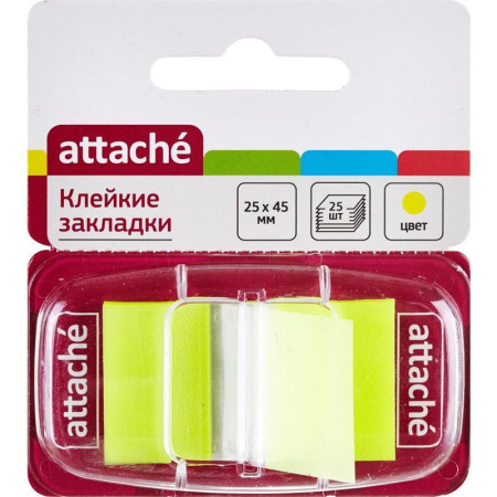 Клейкие закладки Attache пластиковые желтые 25 листов 25х45 мм в диспенсере Клейкие закладки Attache пластиковые желтые 25 листов 25х45 мм в диспенсере