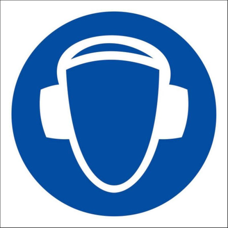 Знак безопасности  Работать в защитных наушниках M03 (200х200 мм, пленка ПВХ)