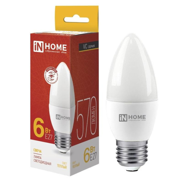 Лампа светодиодная In Home LED-СВЕЧА-VC свеча 6Вт 3000K 570Лм 220В  4690612020402