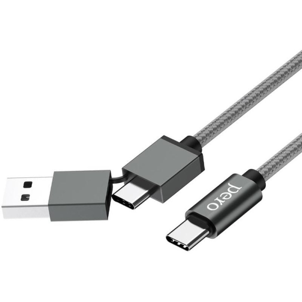 Кабель PERO, DC-07, 1м, Type-C/USB-A to Type-C, 60W, серый