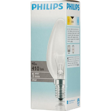 Лампа накаливания Philips 40 Вт E14 свеча прозрачная 2700 К теплый белый свет