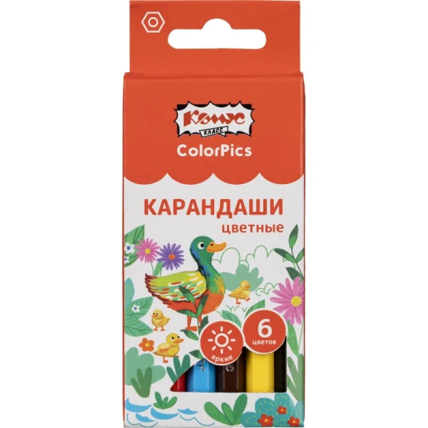 Карандаши цветные Комус Класс ColorPics 6 карандашей 6 цветов  шестигранные (укороченные)