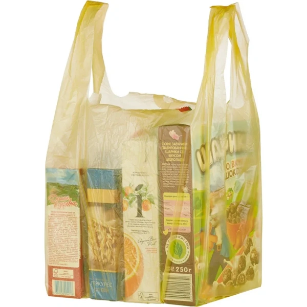 Пакет-майка ПНД 18 мкм желтый (30+14x57 см, 100 штук в упаковке)