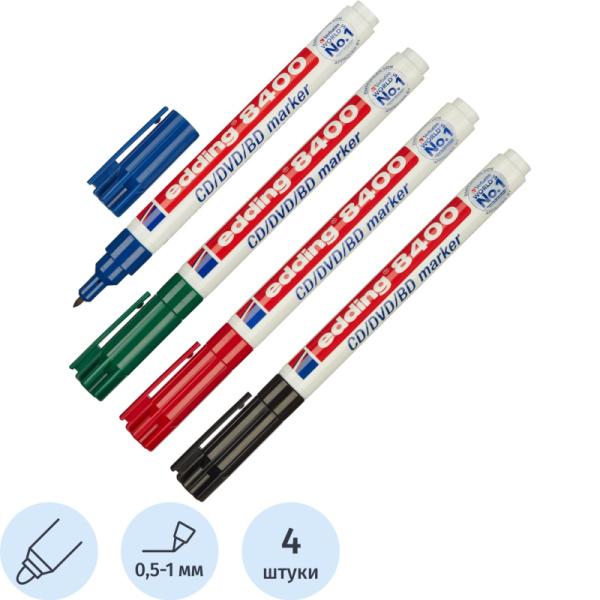 Набор маркеров для CD перманентных Edding E-8400/4S 4 цвета круглый наконечник (толщина линии 0.5-1 мм) Набор маркеров для CD перманентных Edding E-8400/4S 4 цвета круглый наконечник (толщина линии 0.5-1 мм)