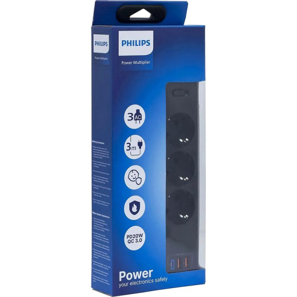 Сетевой фильтр Philips CHP4336BB/51 на 3 розетки 3 метра + 2 USB