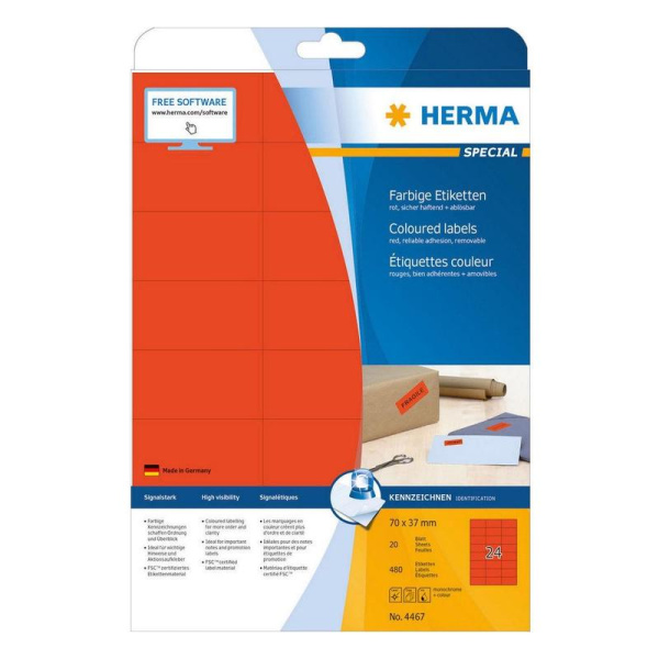 Этикетки самоклеящиеся Herma красные 70х37 мм (24 штуки на листе, 20  листов в упаковке)