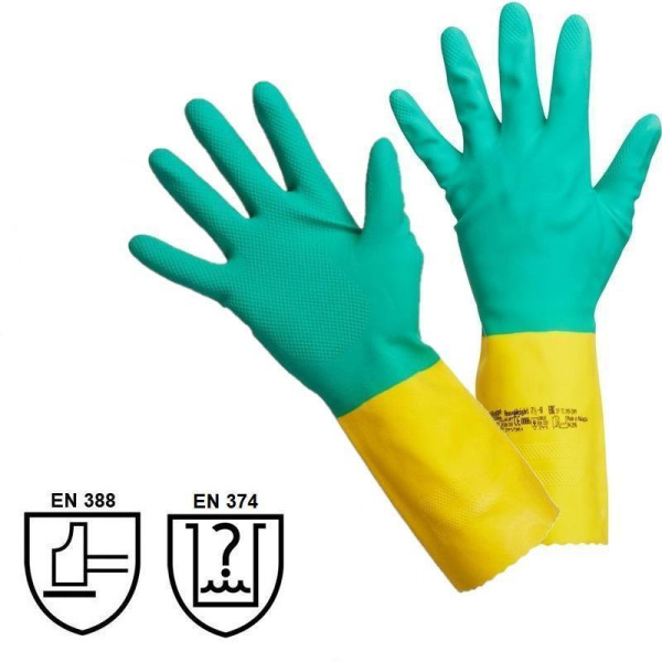 Перчатки латексные Vileda Professional Усиленные с неопреном повышенная прочность зеленые/желтые (размер 7.5-8, M, артикул производителя 120268)