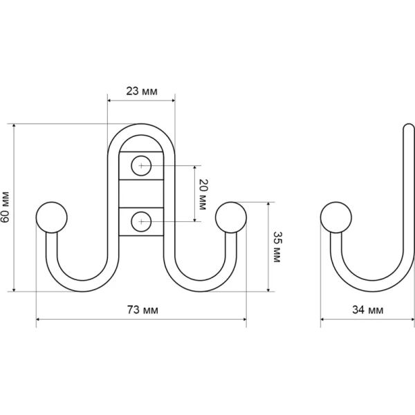 Вешалка настенная Стандарт 208 B BL матовая чёрная (73х34х60 мм, 2  крючка)
