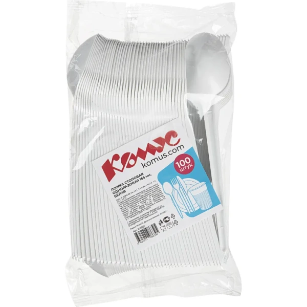 Ложка одноразовая столовая Комус Эконом белая 165 мм 100 штук в упаковке Ложка одноразовая столовая Комус Эконом белая 165 мм 100 штук в упаковке