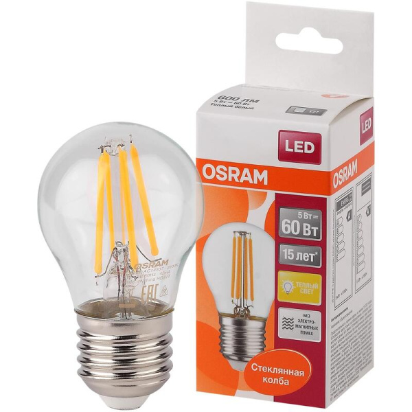 Лампа светодиодная Osram 5 Вт Е27 (Р, 2700 К, 600 Лм, 220 В,  4058075212510)