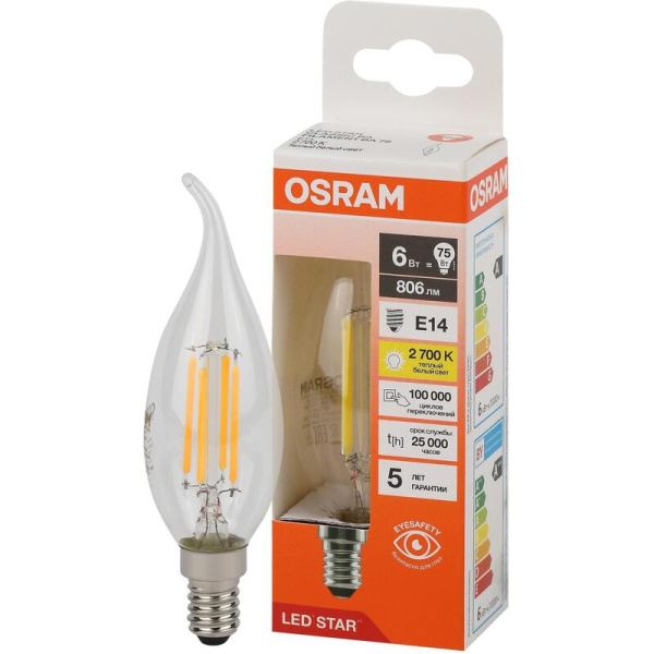 Лампа светодиодная Osram 6 Вт Е14 (ВА, 2700 К, 806 Лм, 220 В,  4058075684997)