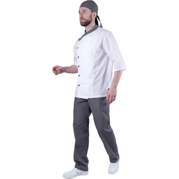 Костюм повара Бистро мужской белый/серый тиси рукав 3/4 (120 г/кв.м,  размер 48-50, рост 170-176)