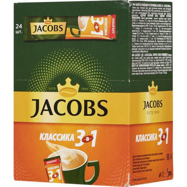 Кофе порционный растворимый Jacobs 3 в 1 Классика 24 пакетика по 12 г