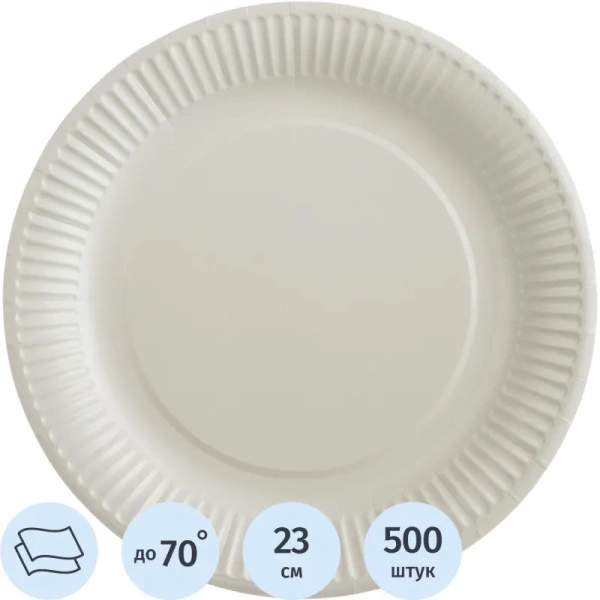 Тарелка одноразовая бумажная ламинированная 230 мм белая 500 штук в  упаковке Тарелка одноразовая бумажная ламинированная 230 мм белая 500 штук в  упаковке