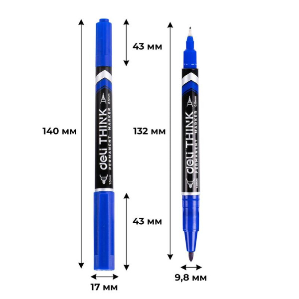 Маркер перманентный двусторонний Deli Think синий (толщина линии 0.5-1  мм) круглый наконечник