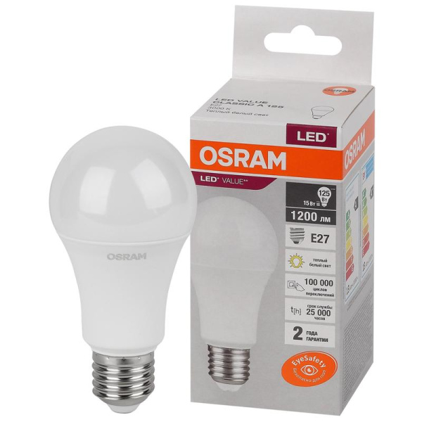 Лампа светодиодная Osram LED Value A груша 15Вт E27 3000K 1200Лм 220В  4058075579095