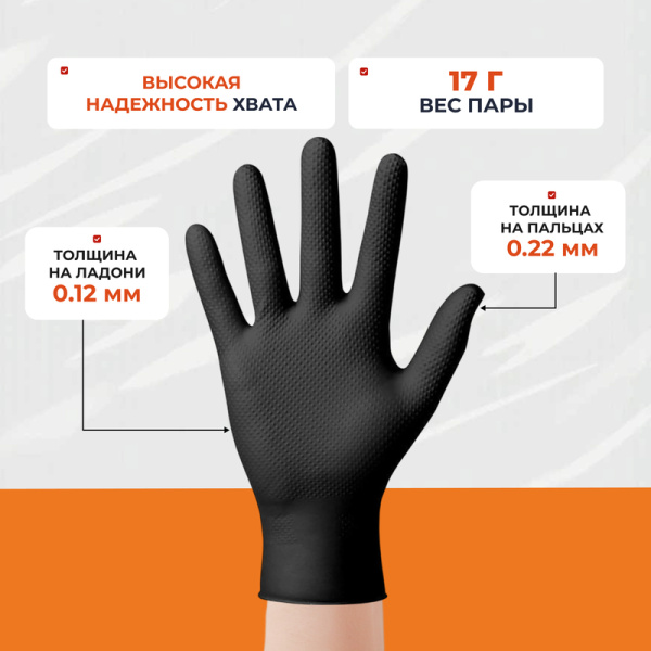 Перчатки одноразовые Steel Grip нитриловые неопудренные особопрочные  черные (размер M, 100 штук/50 пар в упаковке)