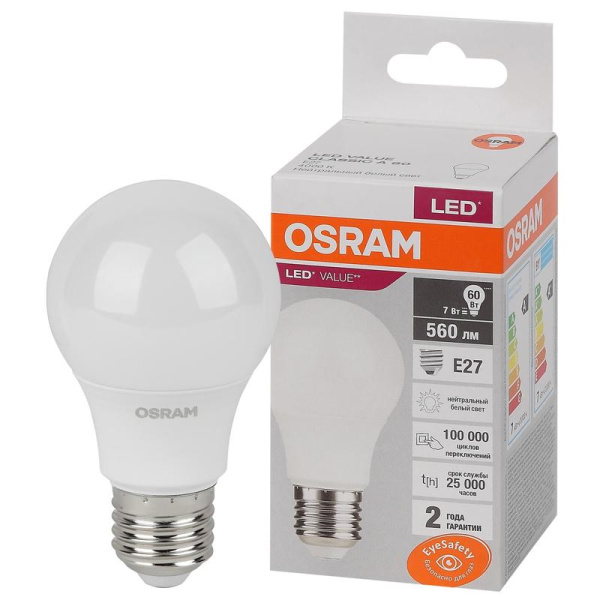 Лампа светодиодная Osram LED Value A груша 7Вт E27 4000K 560Лм 220В  4058075578760
