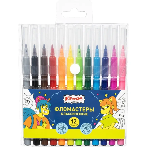 Фломастеры Комус Класс Максики 12 цветов с вентилируемыми колпачками  смываемые Фломастеры Комус Класс Максики 12 цветов с вентилируемыми колпачками  смываемые