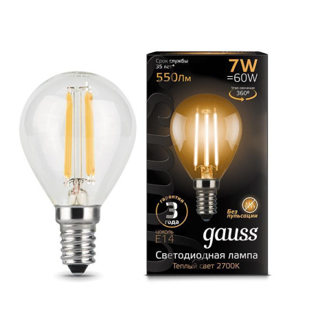 Лампа светодиодная Gauss LED Filament 7 Вт E14 шарообразная 2700 K теплый белый свет