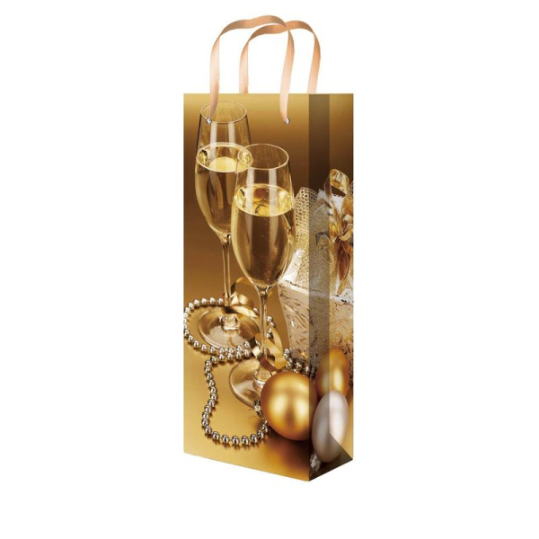 Пакет подарочный ламинированный новогодний под бутылку (36.2x12.3x7.8  см, 10 штук в упаковке)