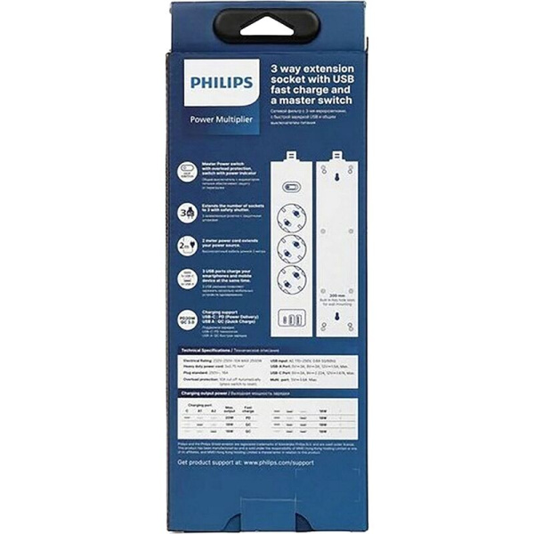 Сетевой фильтр Philips CHP4336WA/51 на 3 розетки 2 метра + 2 USB