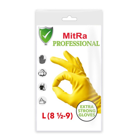 Перчатки многоразовые КЩС латексные MitRa Professional с хлопковым  напылением желтые размер 9 (L)