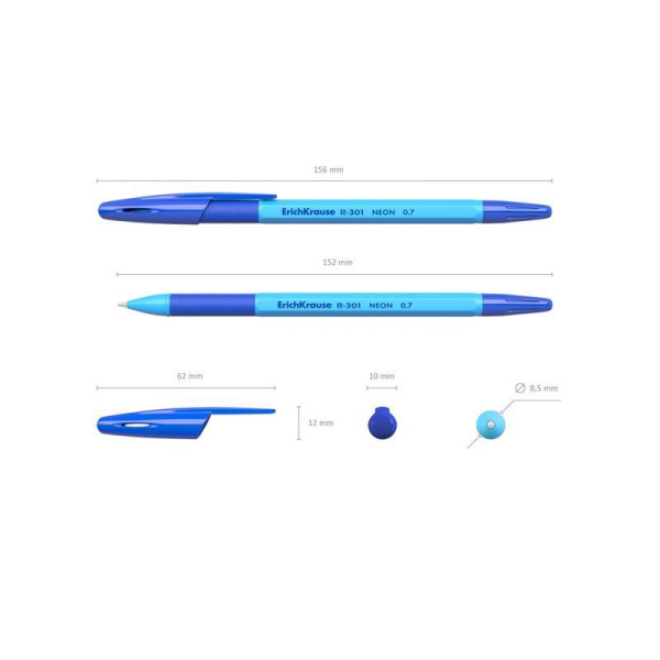 Ручка шариковая неавтоматическая ErichKrause R-301 Neon Stick&Grip  синяя (толщина линии 0.35 мм)