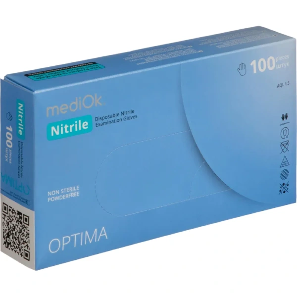 Перчатки медицинские смотровые нитриловые MediOk Nitrile Optima текстурированные нестерильные неопудренные размер XS (5-6) голубые (50 пар/100 штук в упаковке)