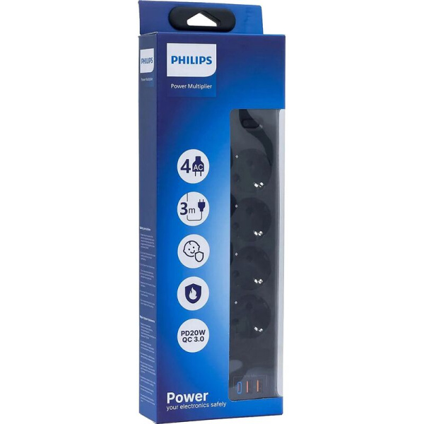 Сетевой фильтр Philips CHP4346BB/51 на 4 розетки 3 метра + 2 USB