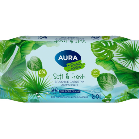 Салфетки влажные Aura Fresh Tropic Cocktail освежающие с мягким клапаном  (60 листов в пачке)
