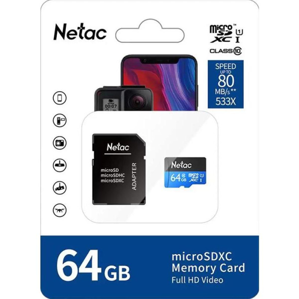 Карта памяти 64 ГБ microSDHC Netac P500 Standard UHS-I U1  (NT02P500STN-064G-R)