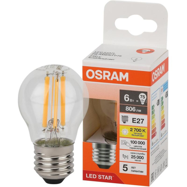 Лампа светодиодная Osram 6 Вт Е27 (Р, 2700 К, 806 Лм, 220 В,  4058075684720)