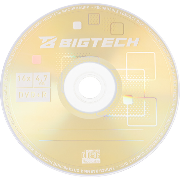 Диск DVD+R BigTech 4.7 ГБ 16x cake box YDVDRB009 (10 штук в упаковке)