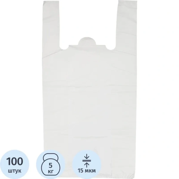 Пакет-майка ПНД 15 мкм белый (28+15х54 см, 100 штук в упаковке)