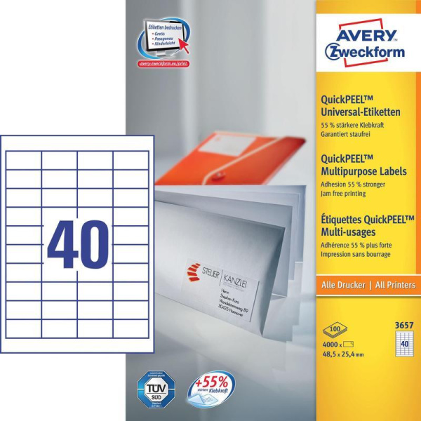 Этикетки самоклеящиеся Avery Zweckform белые 48.5х25.4 мм (40 штук на листе A4, 100 листов, артикул производителя 3657)
