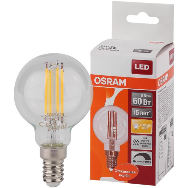 Лампа светодиодная Osram 5 Вт E14 (Р, 2700 К, 520 Лм, 220 В,  4058075230415)